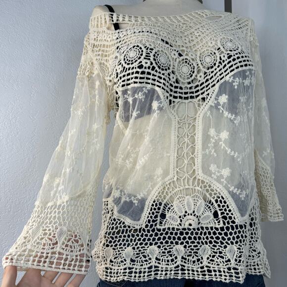 Sheer Crochet Lace Mesh Boho Off the Shoulder Top Medium - Picture 1 of 6